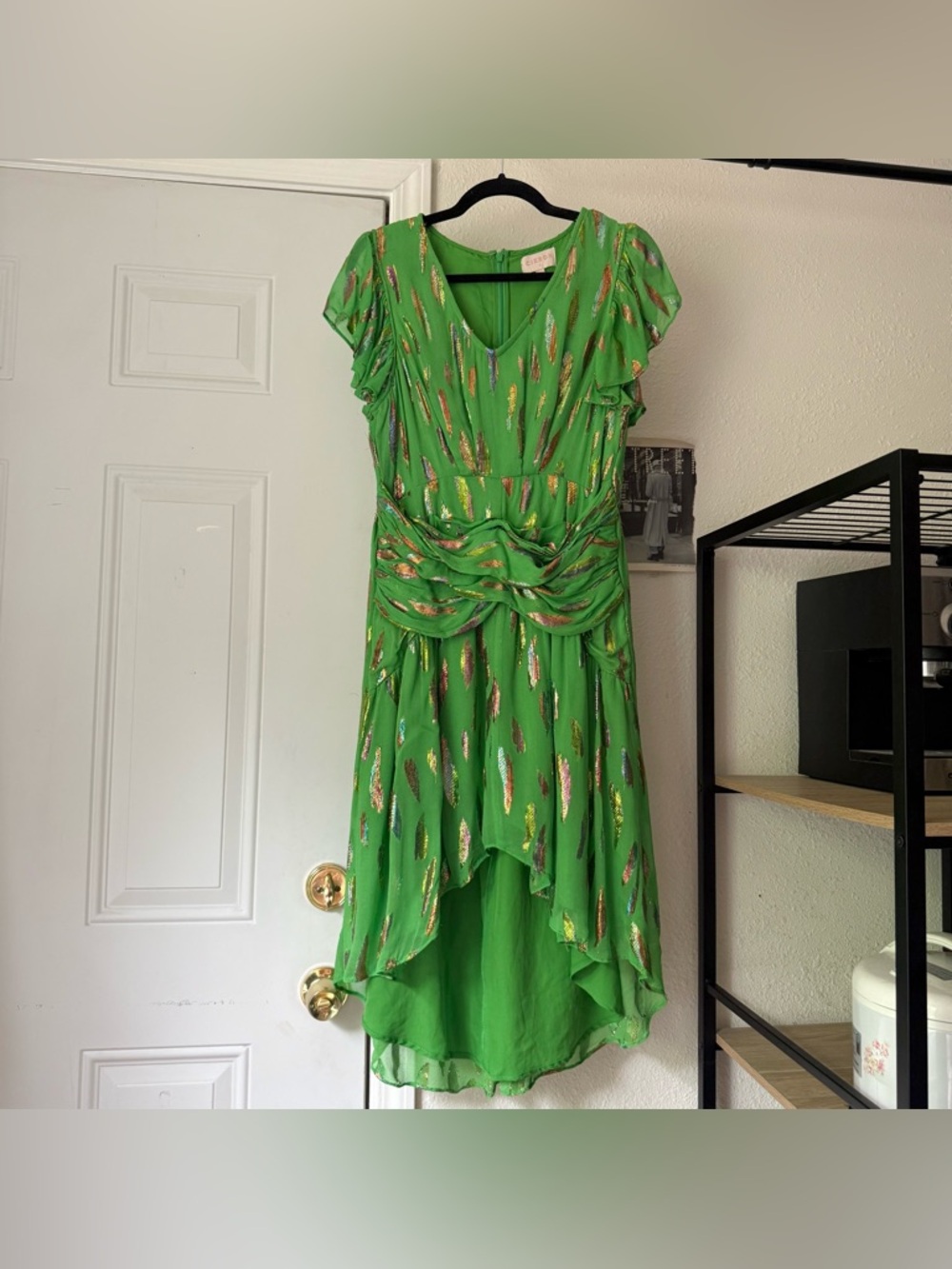 CIEBON green metallic striped sheer ruffle flutter sleeve hi‎ lo mini dress